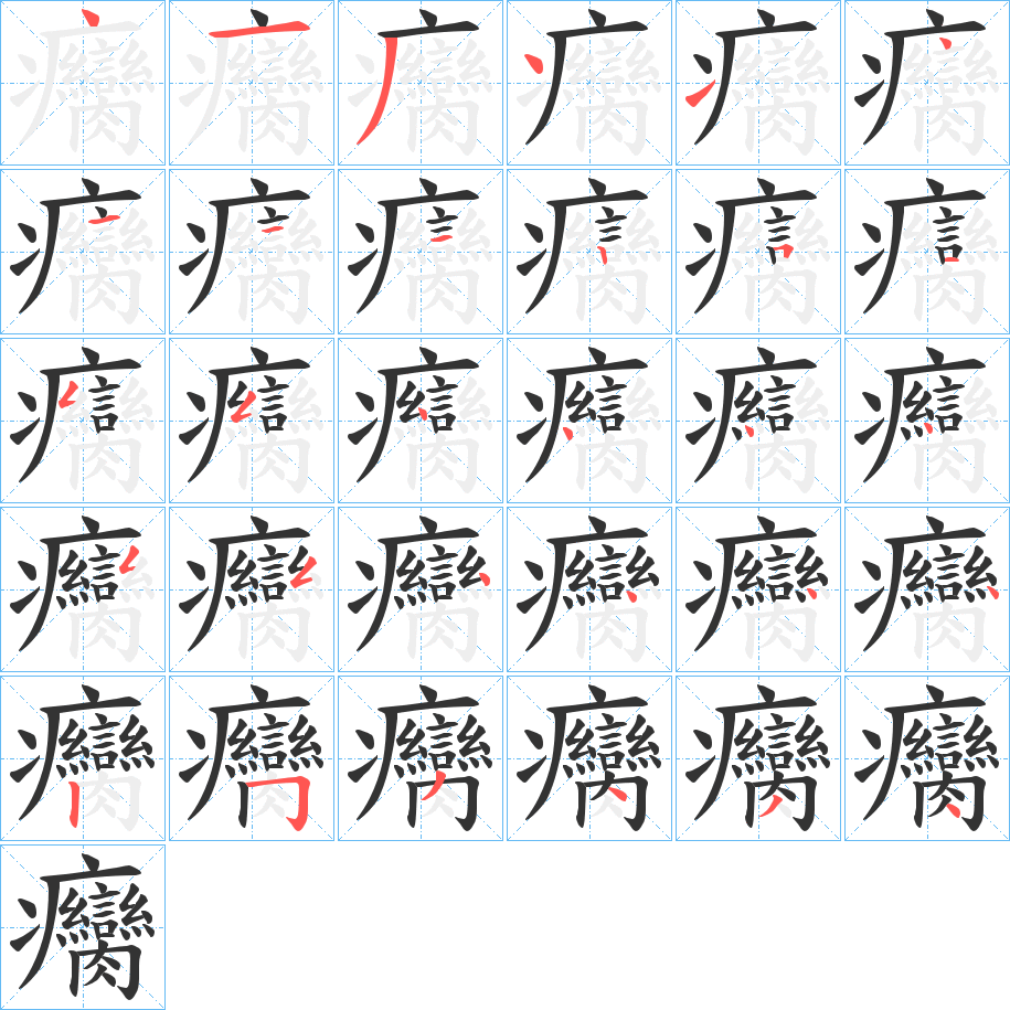 癵字的笔顺分布演示