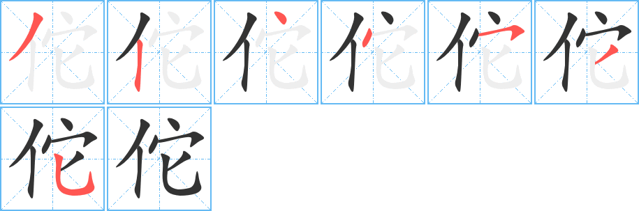 佗字的笔顺分布演示