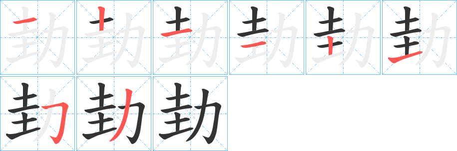 劸字的笔顺分布演示