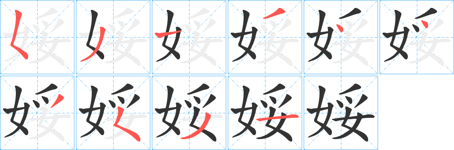 娞字的笔顺分布演示