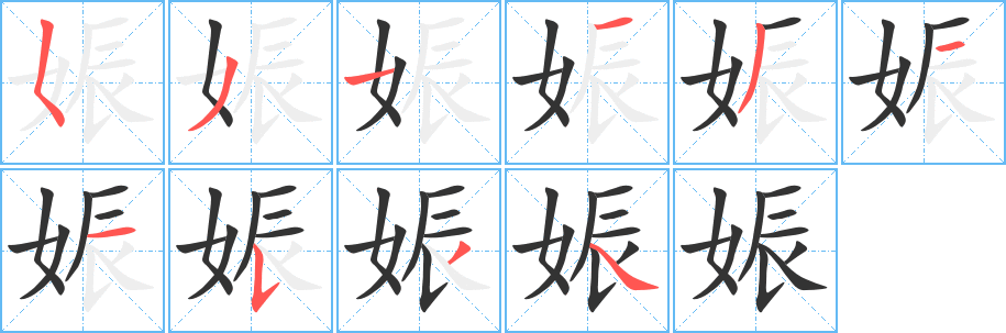 娠字的笔顺分布演示