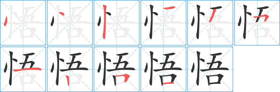 悟字的笔顺分布演示