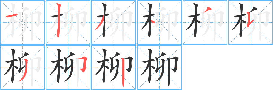 柳字的笔顺分布演示